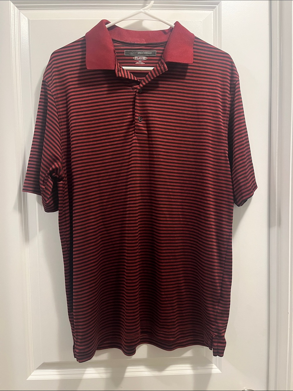 Greg Norman Collection Polo Men's Red Black Stripe Play Dri Medium